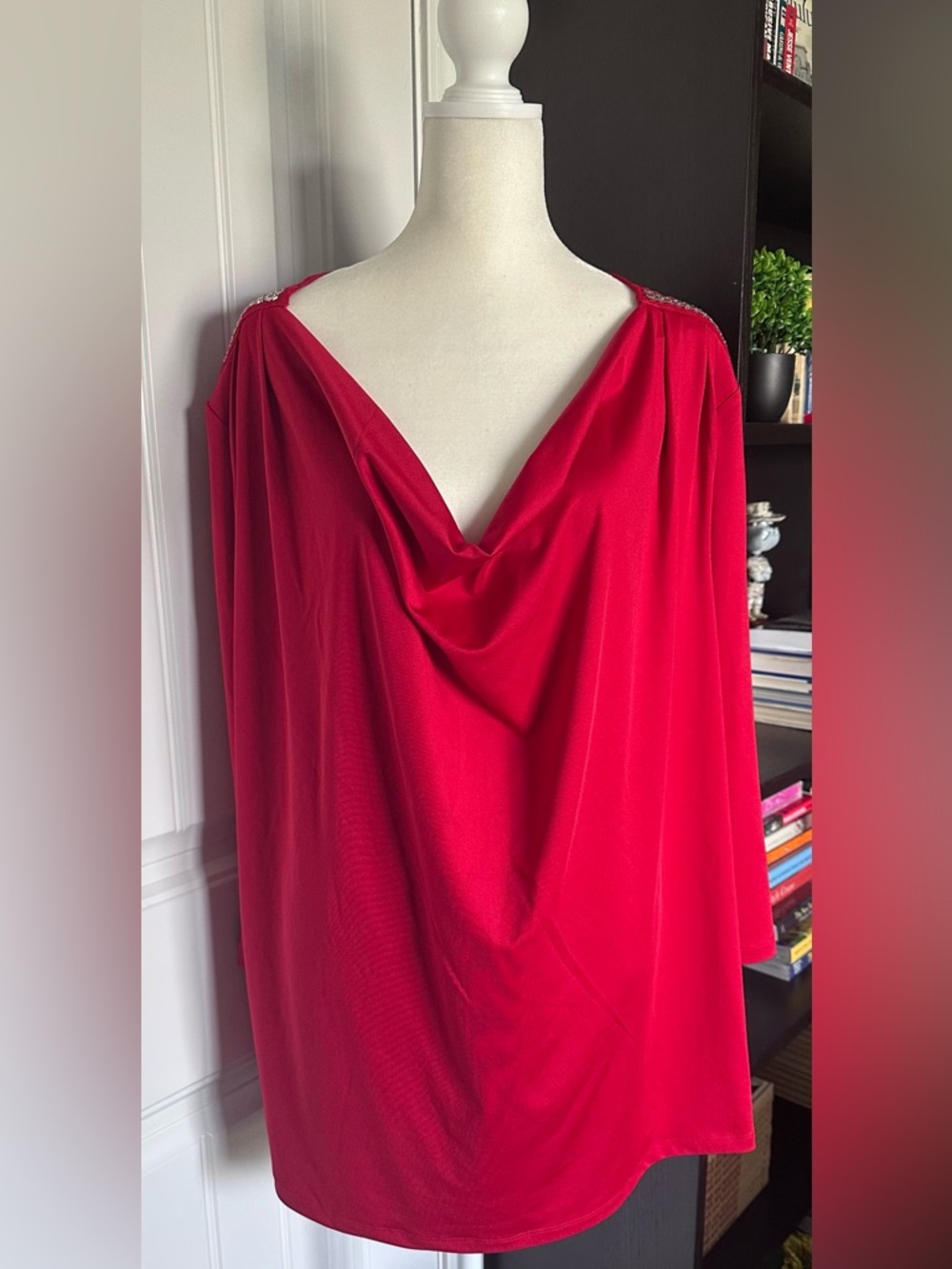 Design History Cherry Red Draped Cowl Neck Blouse | Embellished Shoulder